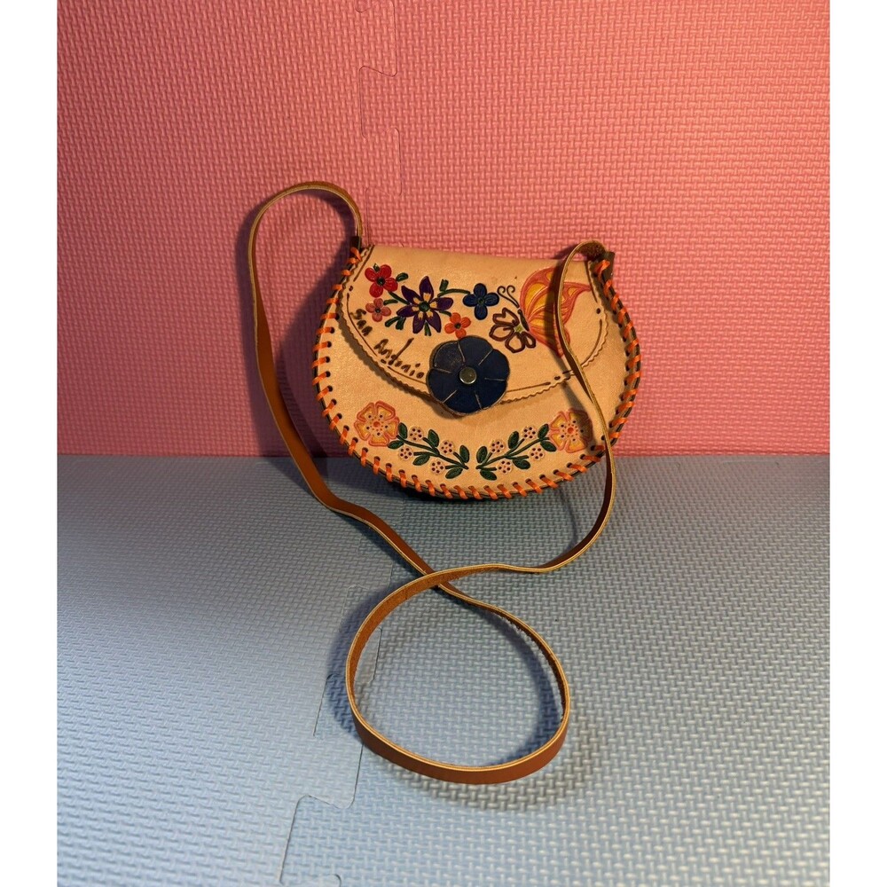 Children Girls Tooled Leather Pink Flower Mini Bag Pouch Butterfly Purse Mexico